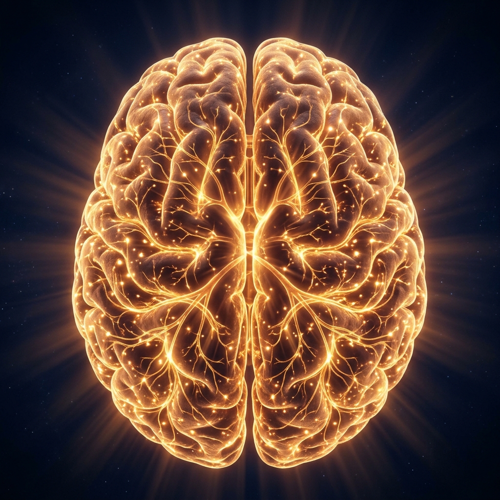 Photorealistic illustration of a human brain with golden neural pathways illuminated, representing whole-brain activation and neural synchronization